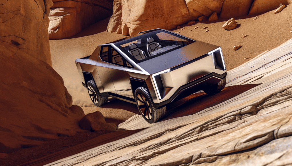 Tesla Cybertruck kører gennem en øde ørken med rå sten og sand omgivelser.