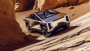 Tesla Cybertruck kører gennem en øde ørken med rå sten og sand omgivelser.