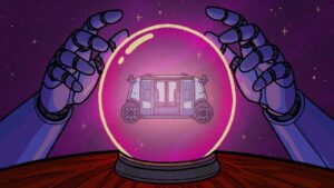Robotiske hænder holder en krystalkugle med en futuristisk minibus indeni, mod en stjerneklar baggrund
