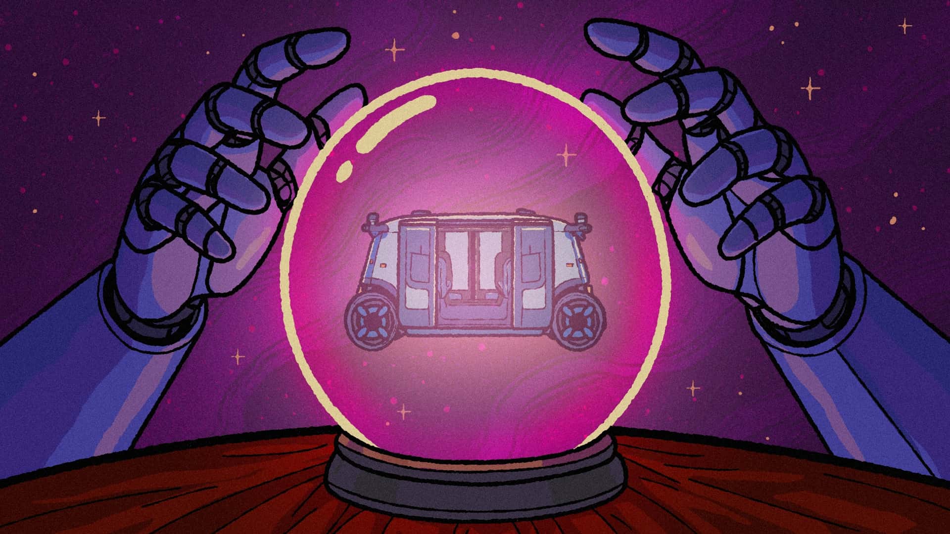 Robotiske hænder holder en krystalkugle med en futuristisk minibus indeni, mod en stjerneklar baggrund