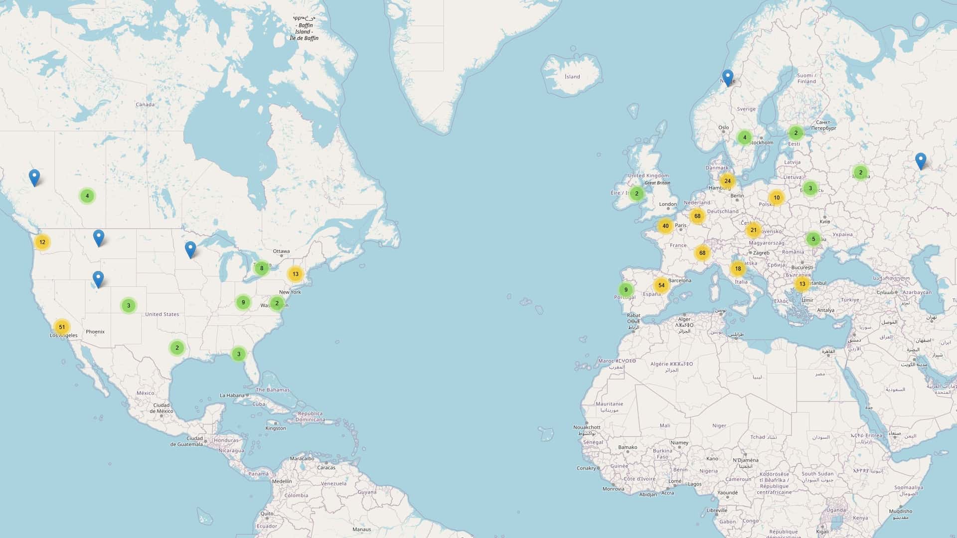 Kort over Tesla-værksteder i Nordamerika og Europa