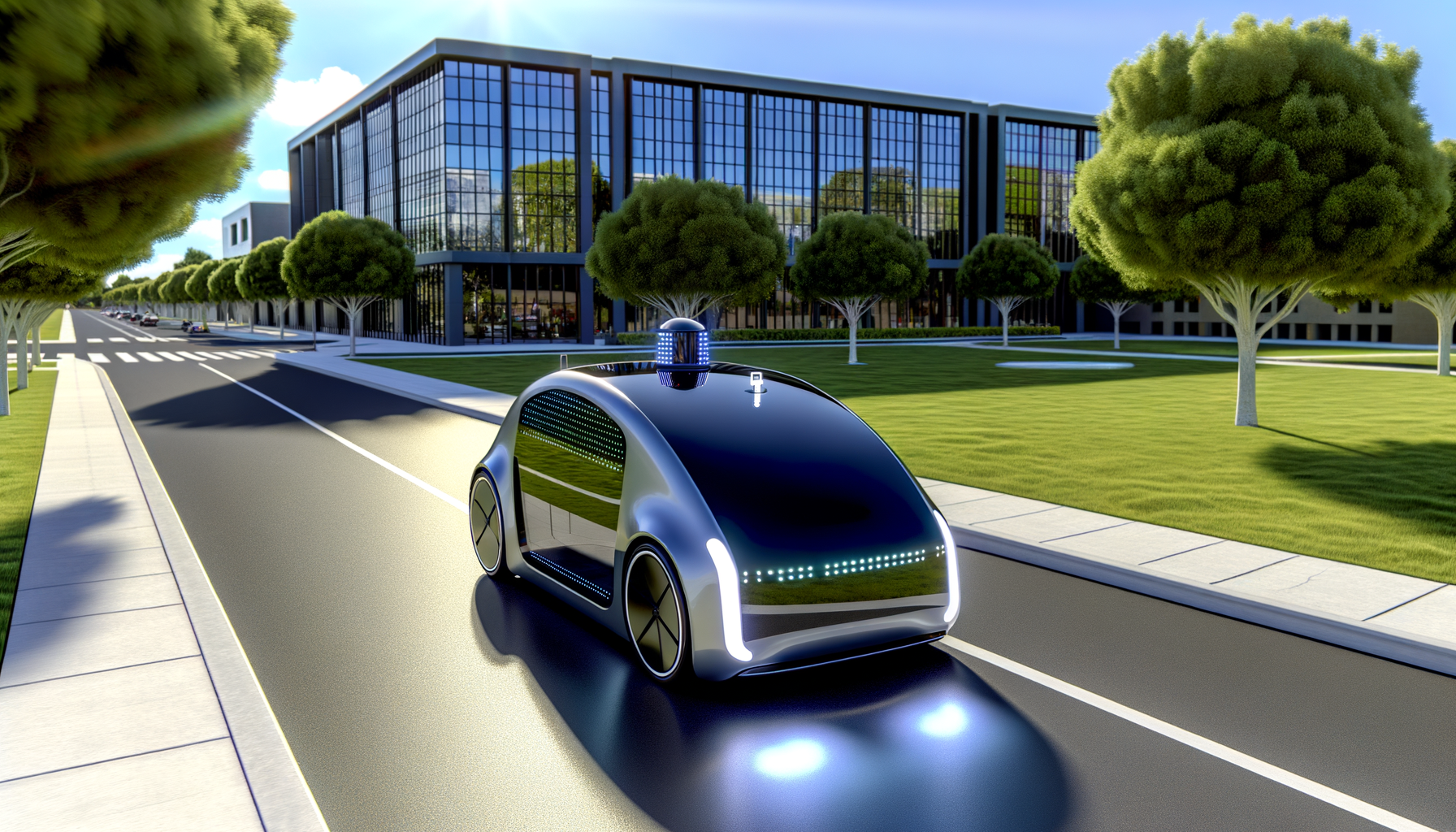 Futuristisk elbil på en solrig byvej nær moderne kontorbygning