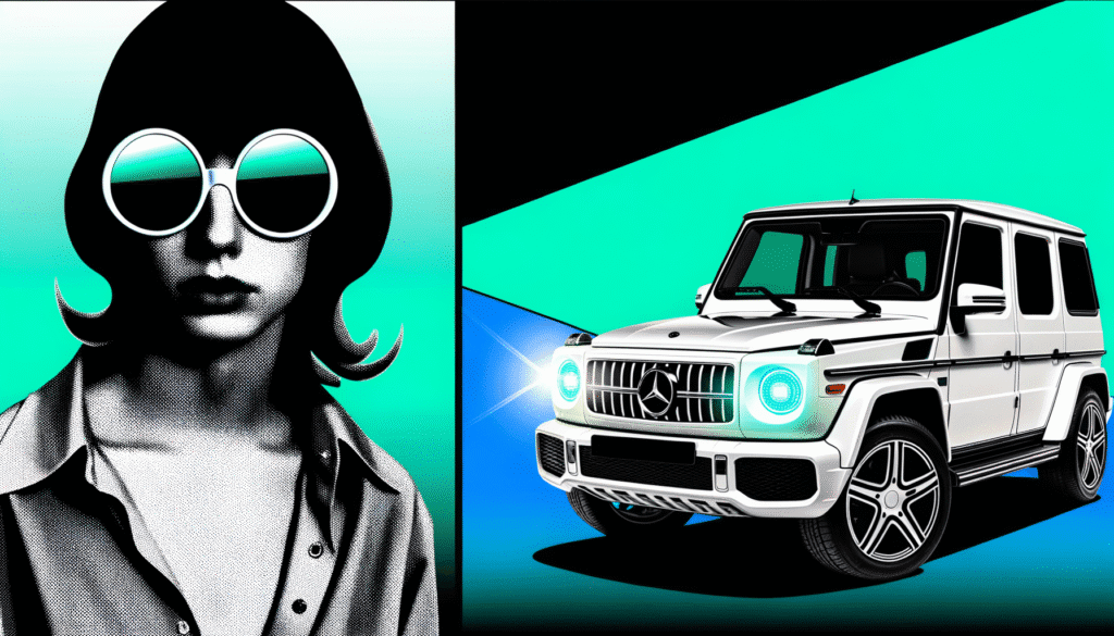 Illustration af en person med store runde briller og en hvid bil med oplyste forlygter