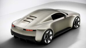 Futuristisk grafik af en elegant elbil med aerodynamisk design