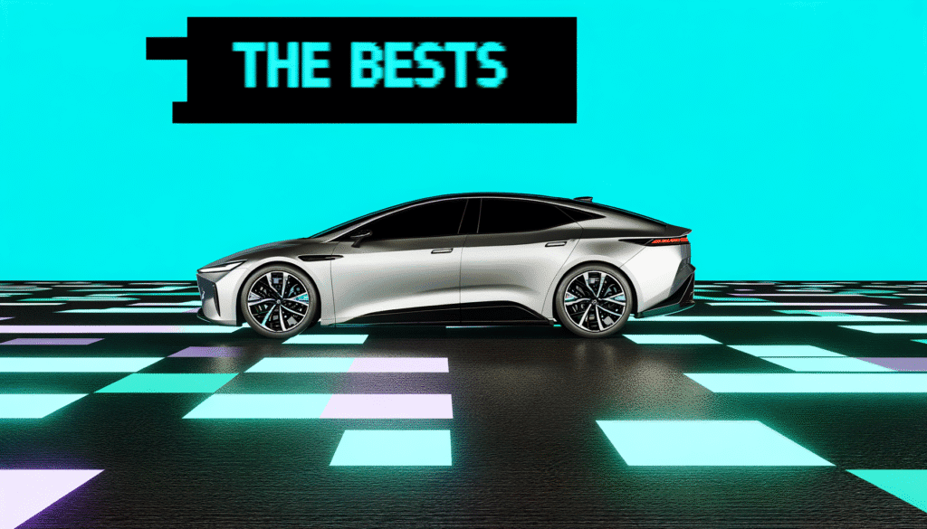 Futuristisk elbil på en digitaliseret baggrund med teksten 'The Bests'