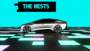 Futuristisk elbil på en digitaliseret baggrund med teksten 'The Bests'