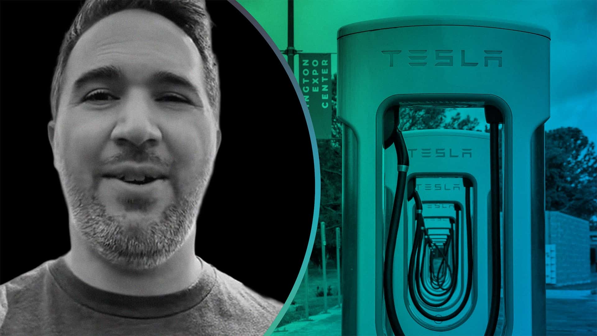 Mand i sort-hvid ved siden af Tesla ladestationer