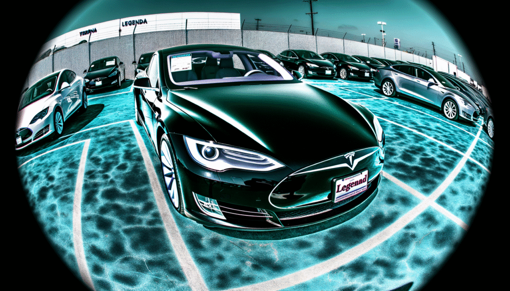 Tesla biler parkeret på en opladningsstation med futuristisk filter