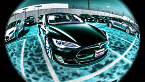 Tesla biler parkeret på en opladningsstation med futuristisk filter