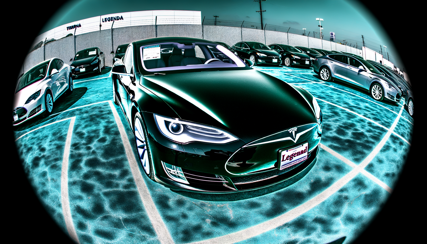 Tesla biler parkeret på en opladningsstation med futuristisk filter