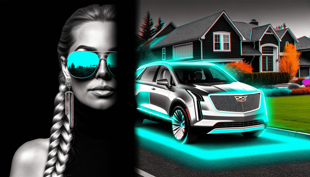 Futuristisk kvinde med spejlsolbriller ved siden af en elektrisk SUV foran moderne hus