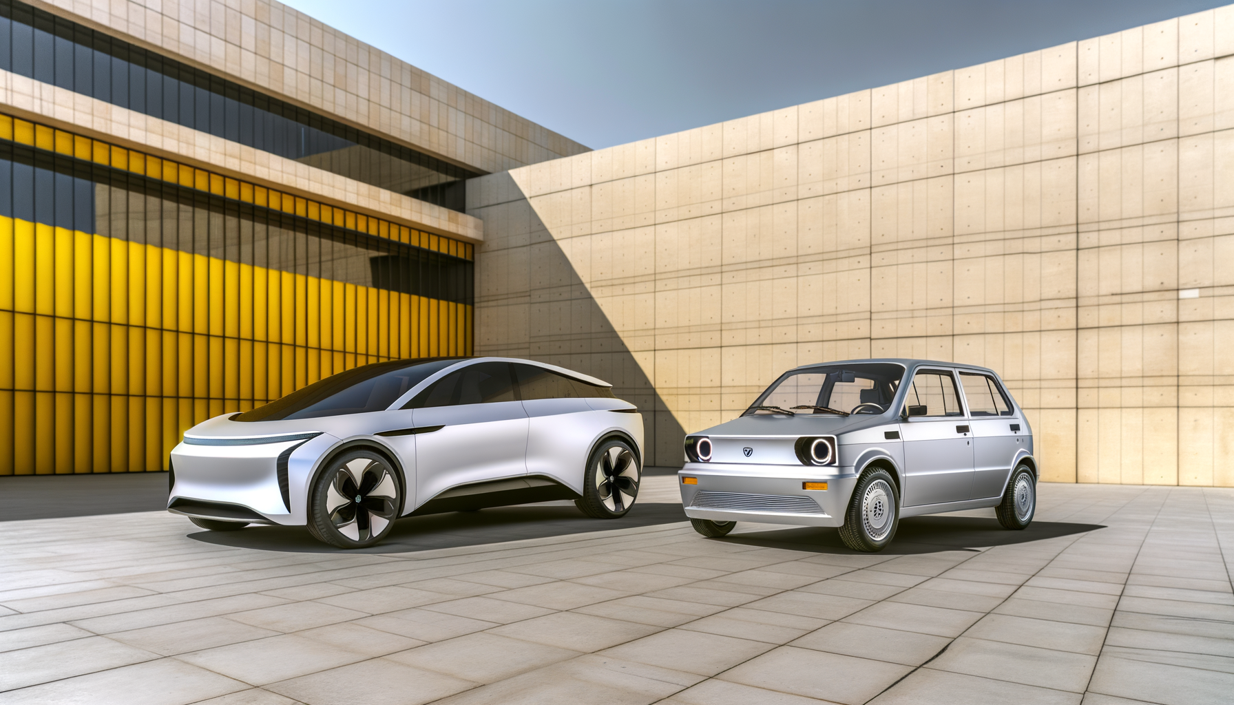 Moderne elektrisk bil ved siden af klassisk bil foran moderne bygning