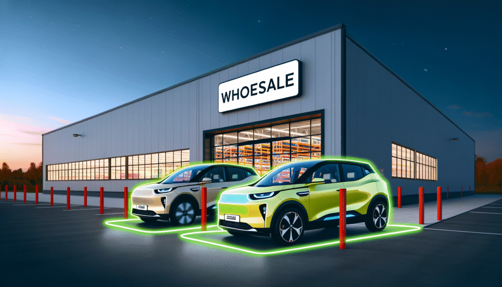 Elektriske SUV'er oplader foran en engrosbutik i skumringen