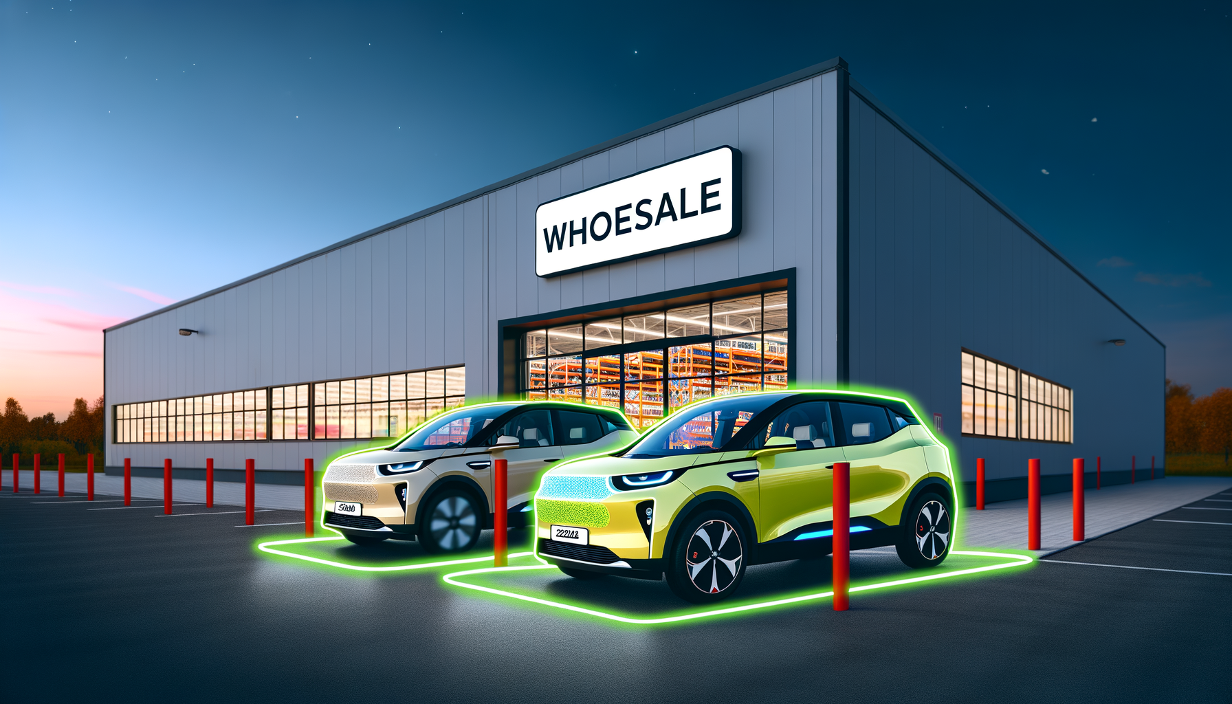Elektriske SUV'er oplader foran en engrosbutik i skumringen