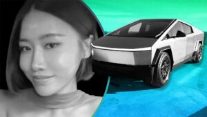 Kvindes portræt og Tesla Cybertruck på en farverig baggrund