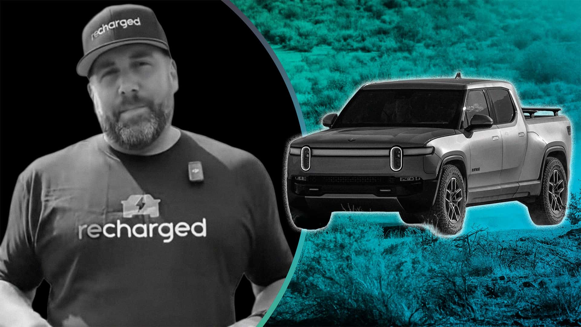 Mand med kasket og T-shirt med 'recharged' logo ved siden af en Rivian elektrisk lastbil i en ørkenkulisse