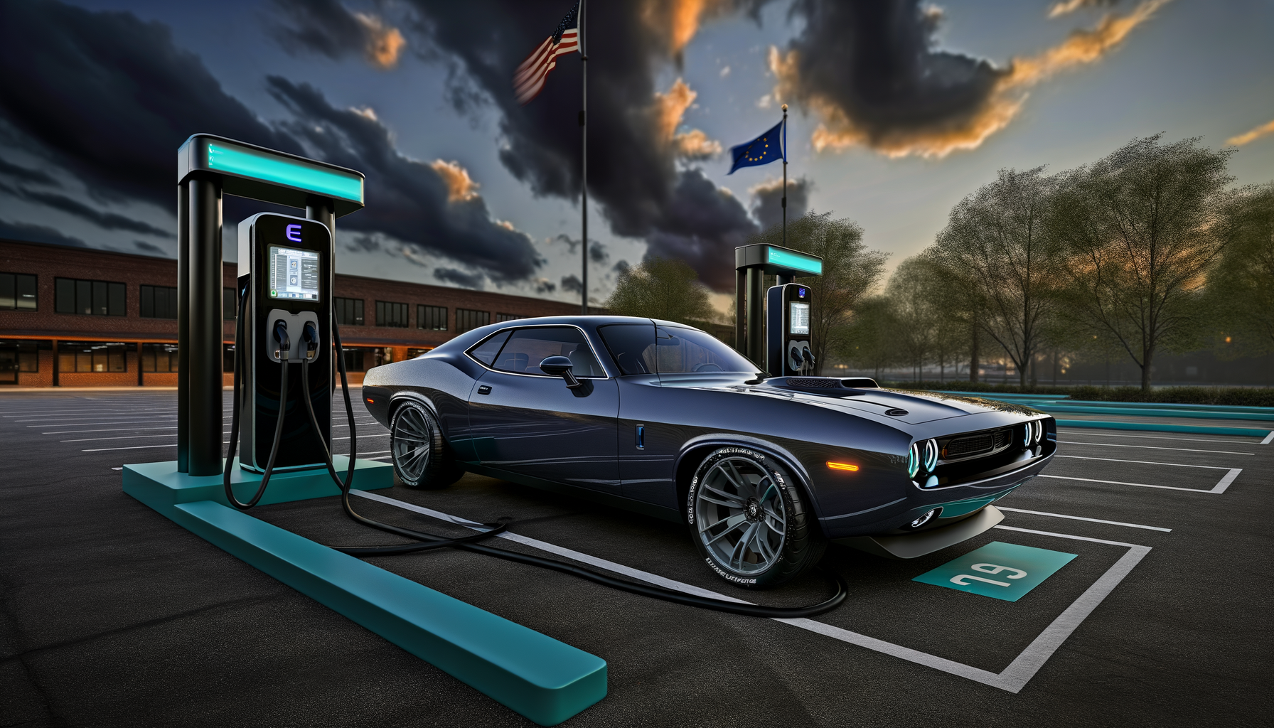 Retro elbil ved ladestation i aftenlys med amerikansk og europæisk flag i baggrunden