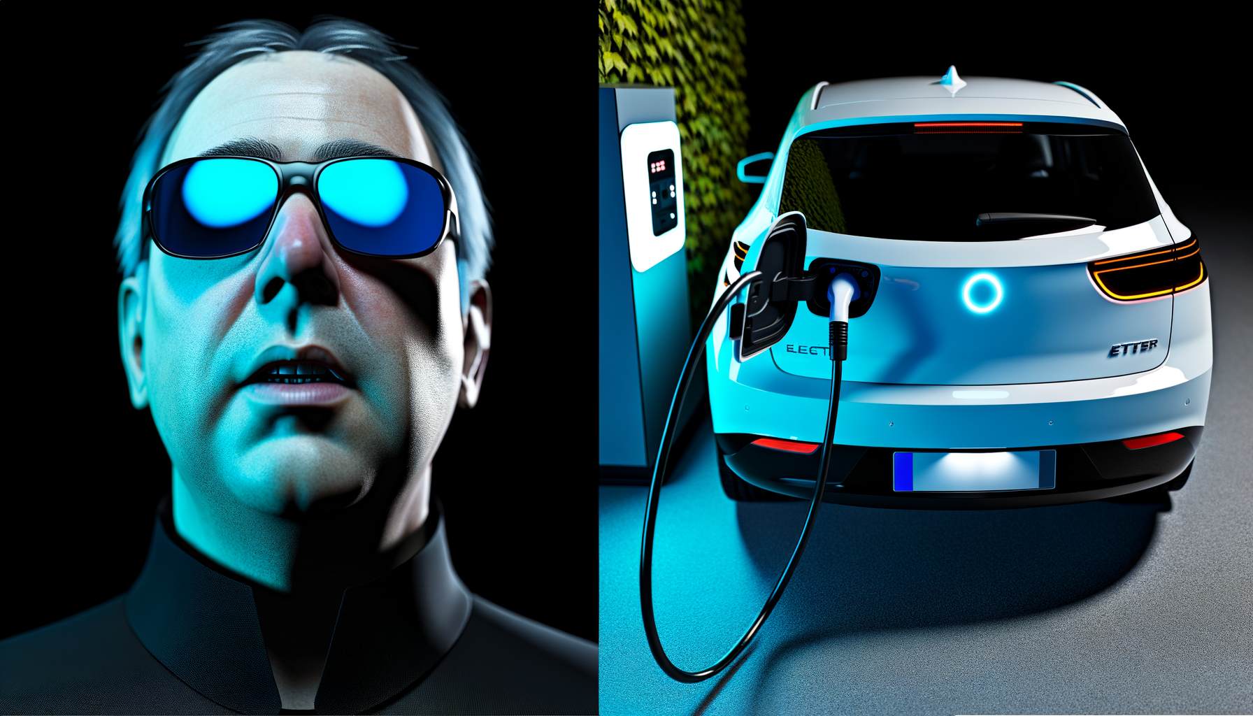 En futuristisk mand med solbriller og en elektrisk bil, der oplades på en station