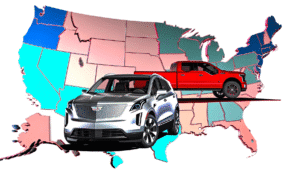 Elektrisk SUV og pickup truck på kort over USA