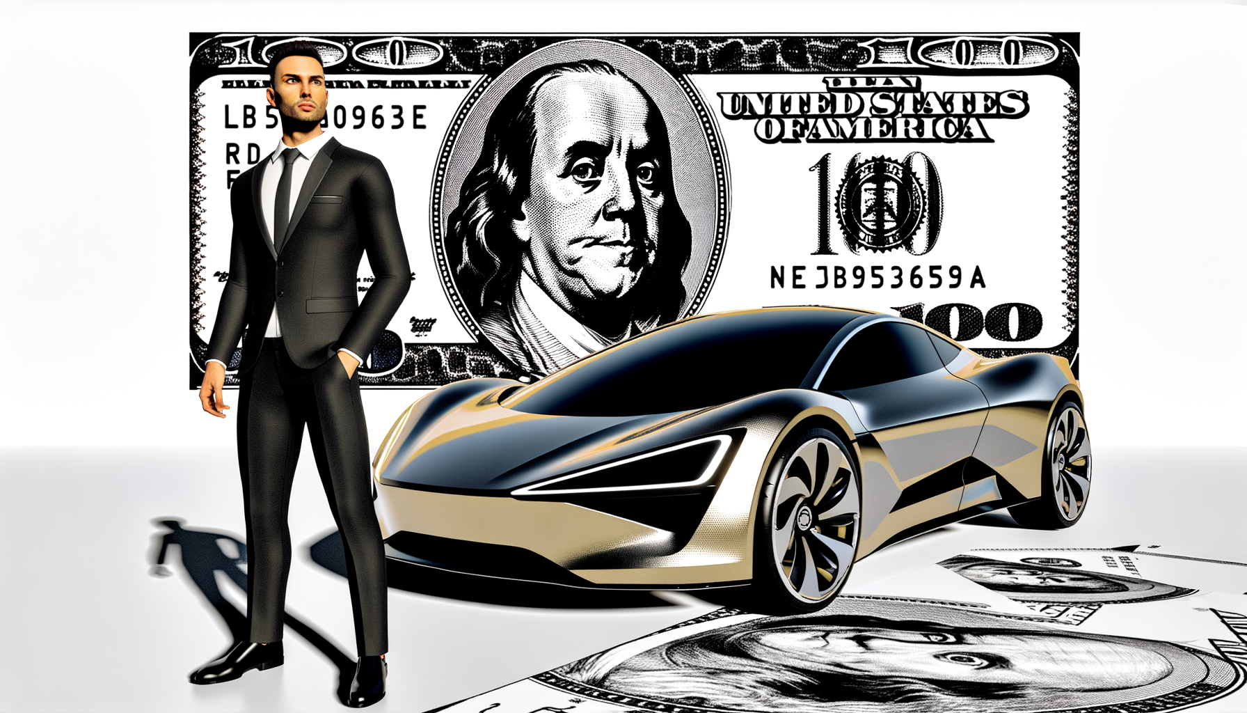 Mand i jakkesæt står ved siden af en futuristisk Tesla sportsvogn foran et stort dollar-billed.
