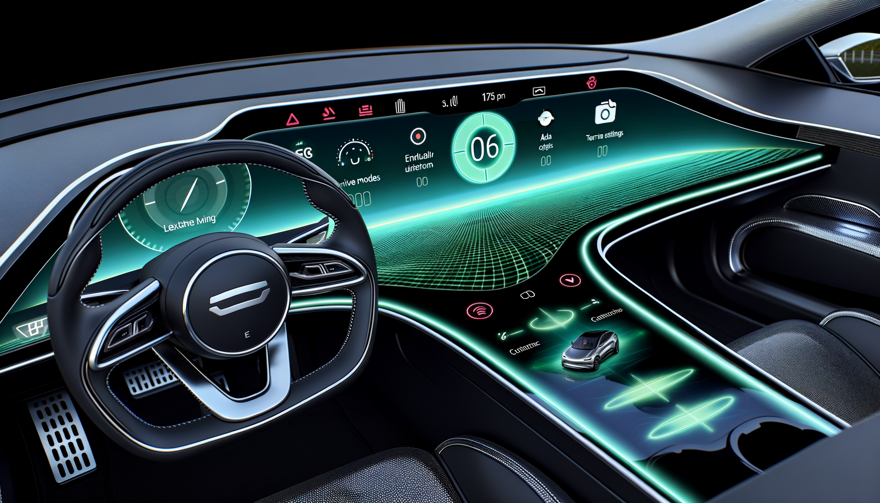 Futuristisk Tesla instrumentbræt med avanceret digital skærm og rat