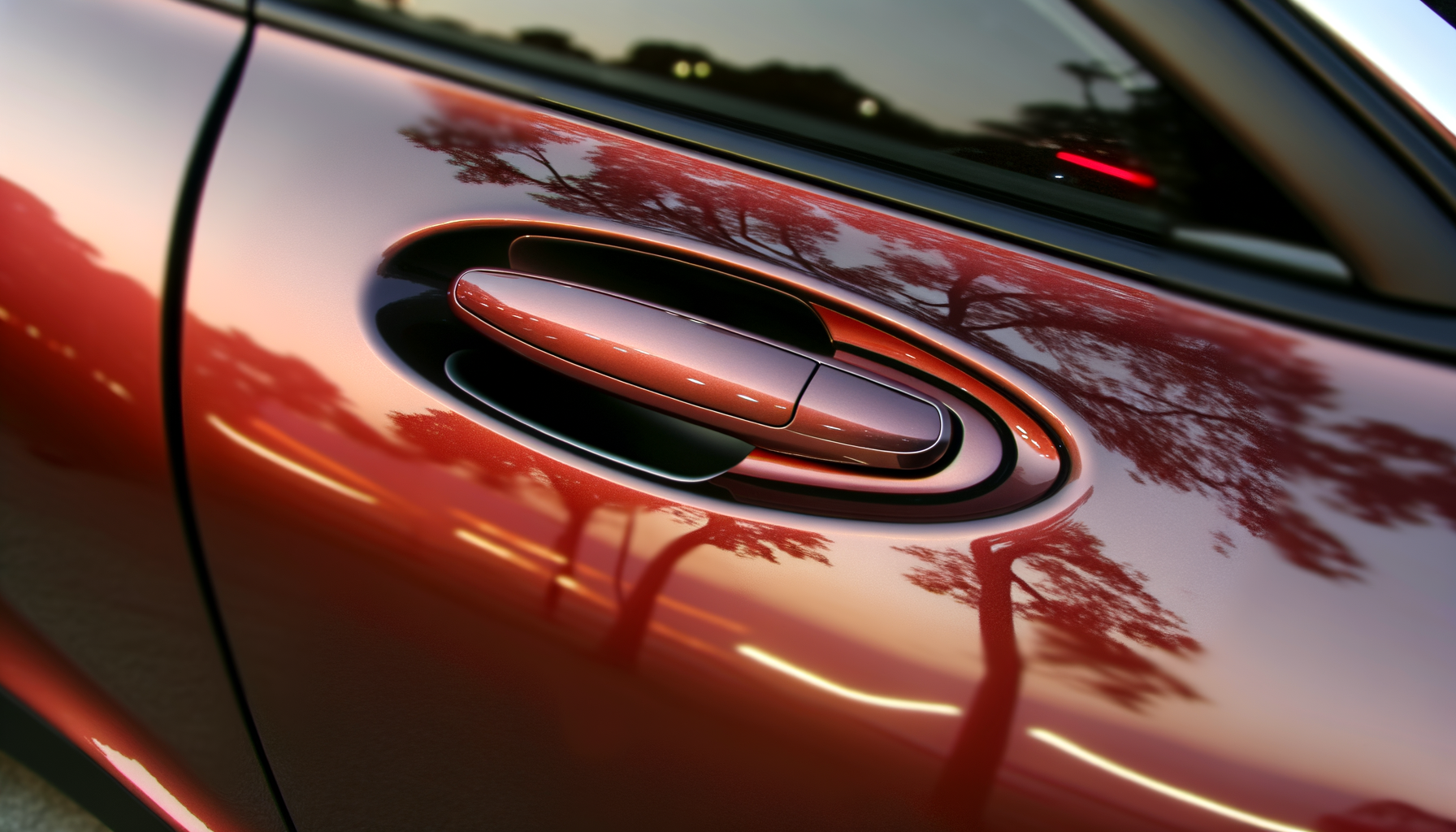 Elegant dørhåndtag på Tesla med refleksioner af naturen i lakken