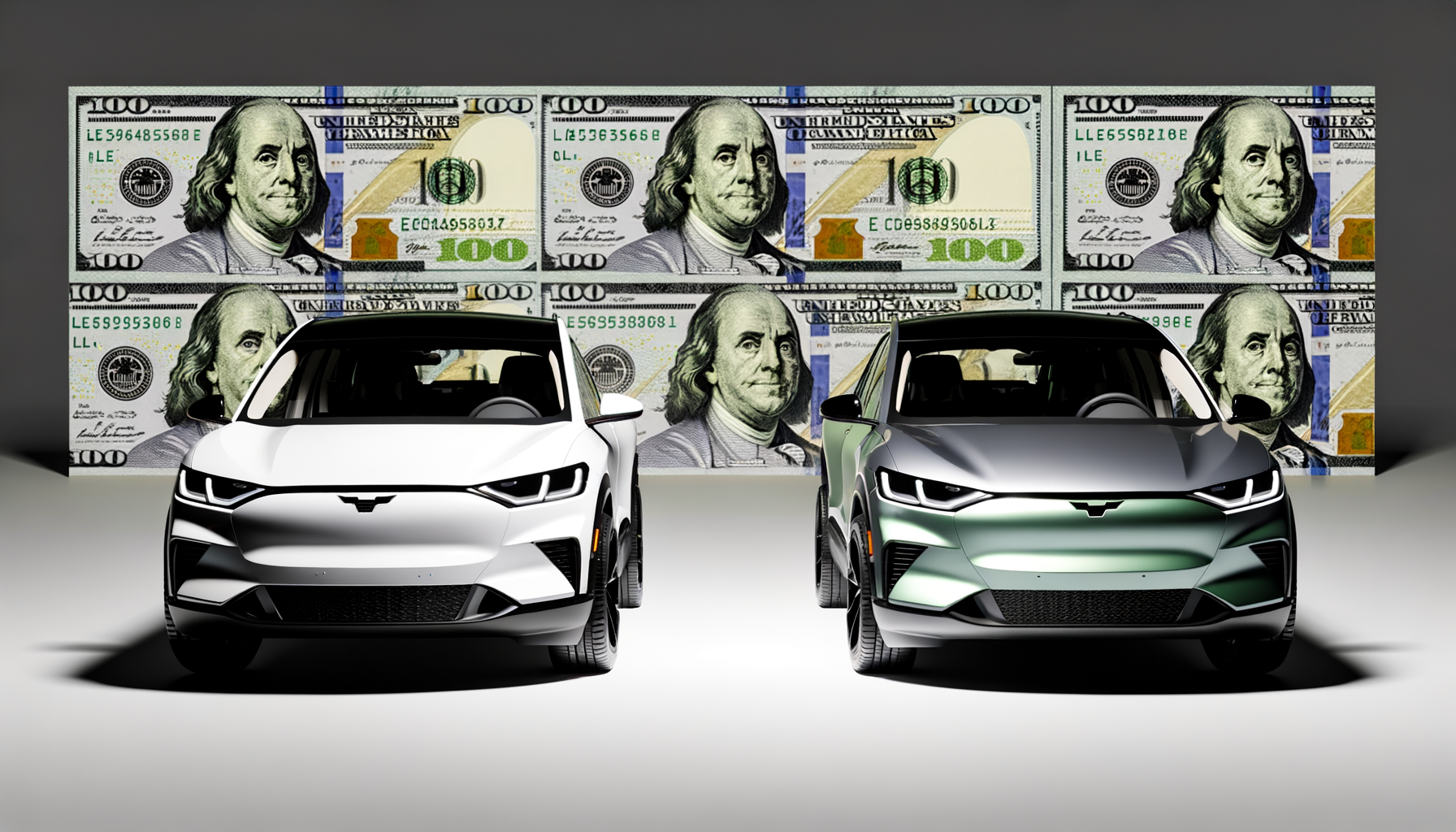 To moderne elektriske biler foran en baggrund af dollar-sedler.