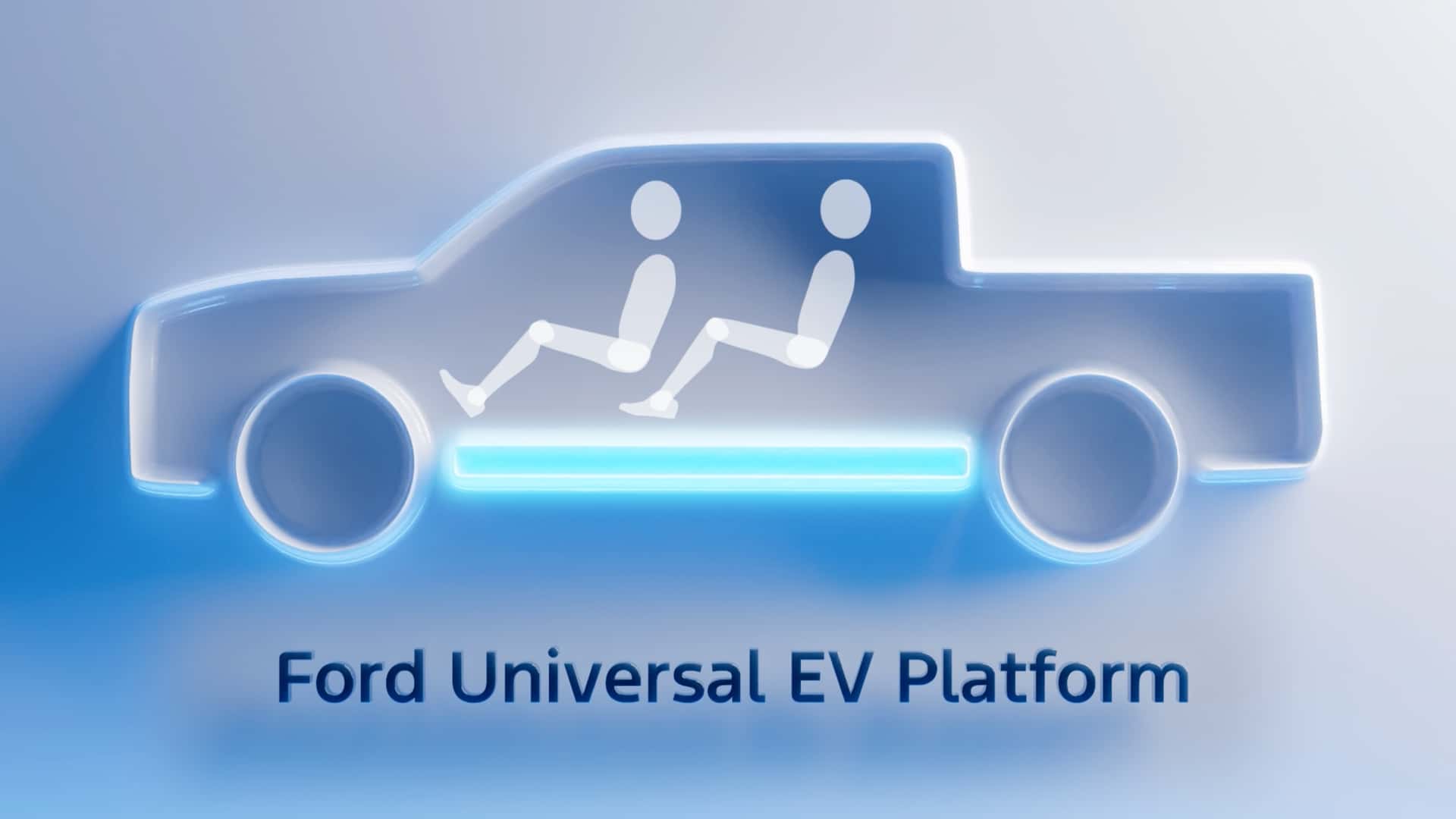 Grafisk repræsentation af Ford Universal EV Platform, der viser bilkontur med to passagerer