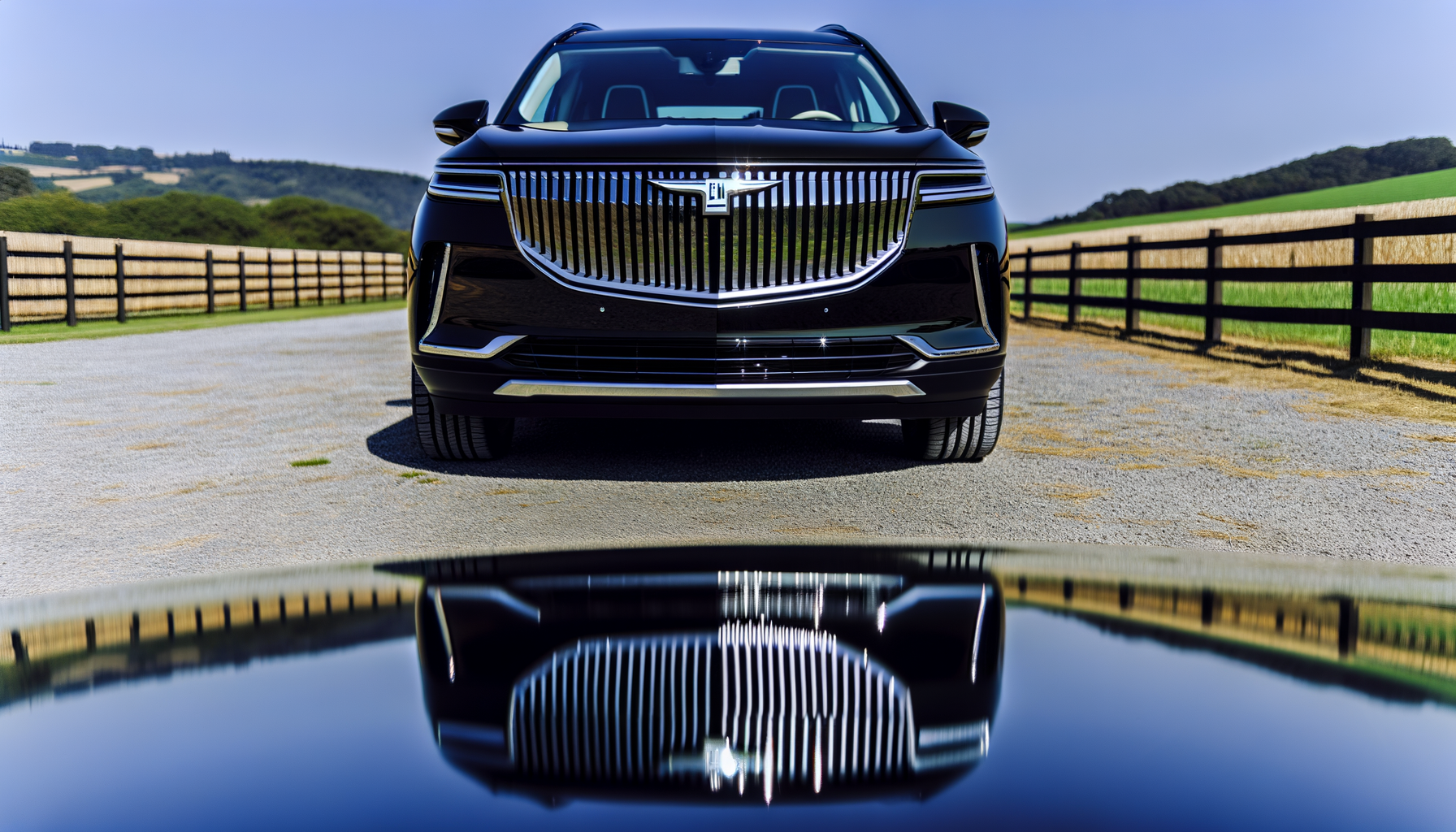 Elektrisk SUV på landevej med spejling på bilens overflade og grønne marker i baggrunden