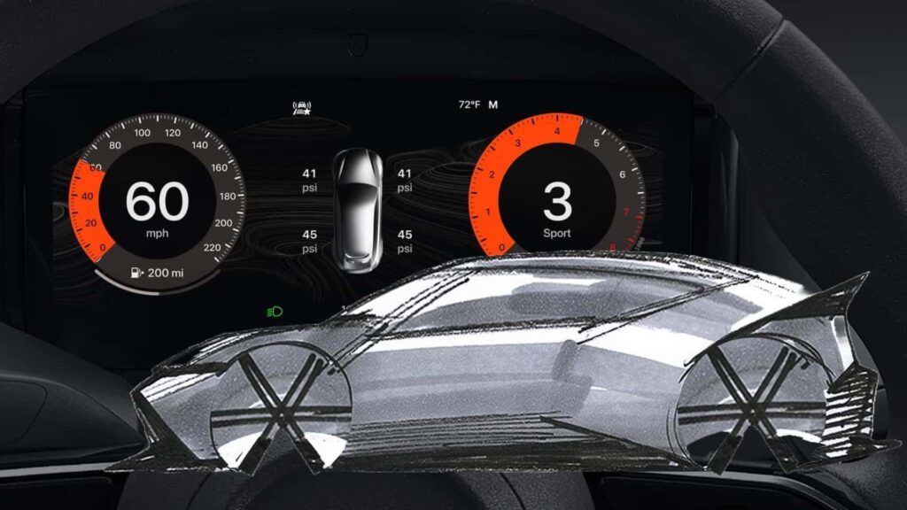 Tesla bilens dashboard viser hastighed på 60 mph og sportsindstillinger