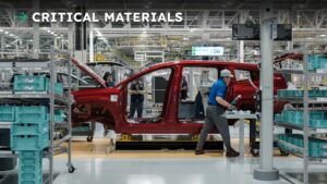 Tesla-bil under samling på fabrik, med arbejdere og kritiske materialer i nærheden
