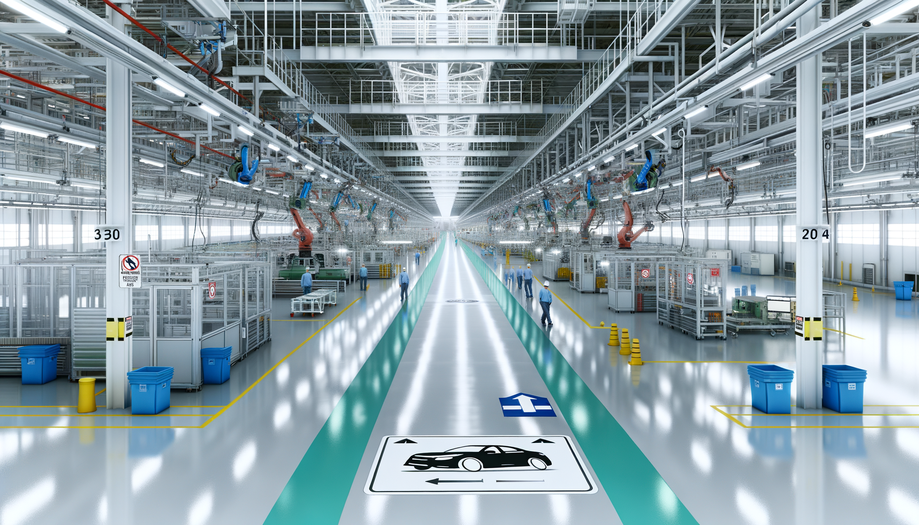 Tesla bilproduktionsanlæg med industrirobotter og arbejdere i arbejde