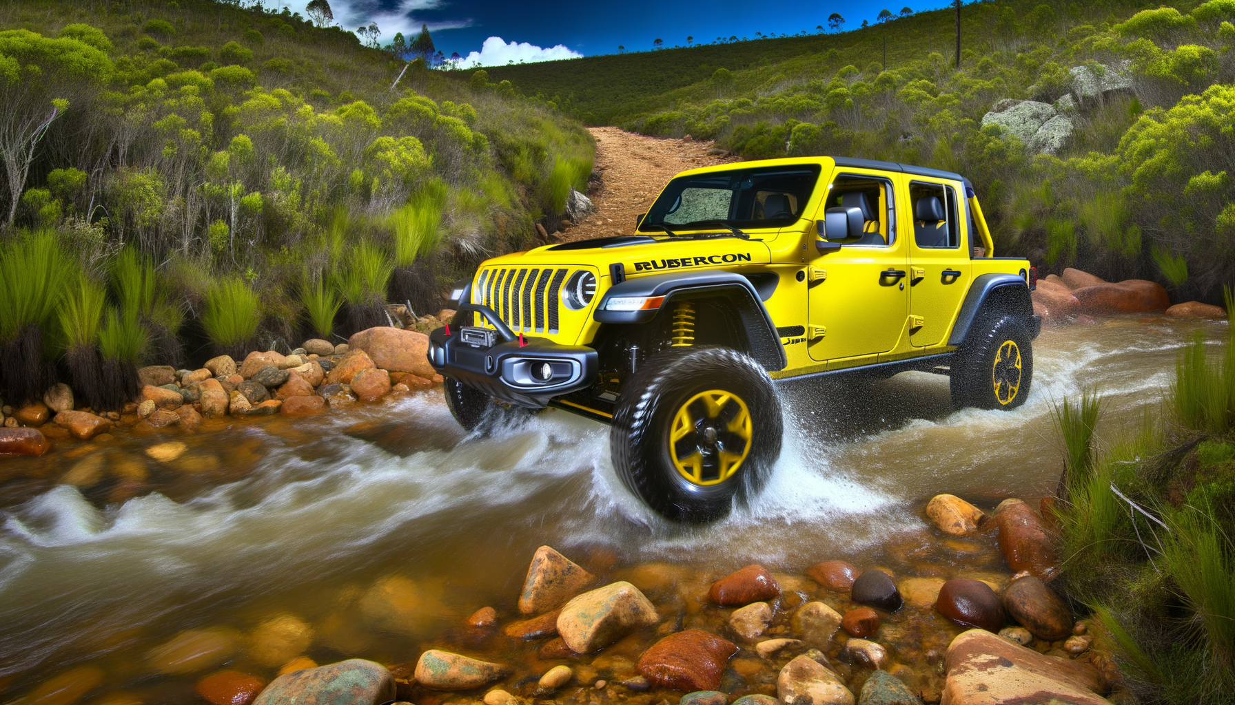 Gul Jeep Rubicon kører gennem vildt terræn med vand og klipper