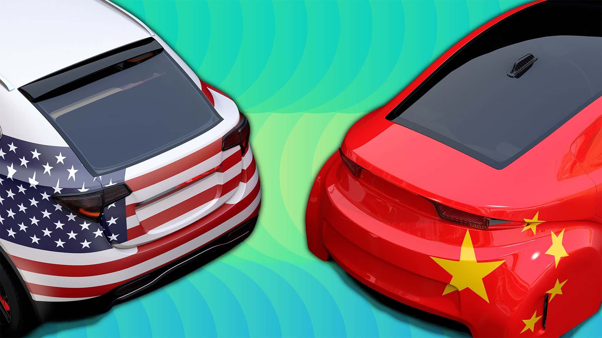 To elbiler med amerikanske og kinesiske flag på bagklapperne, symboliserer konkurrence på elbilmarkedet.