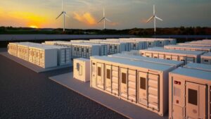Tesla lagringssystemer og vindmøller i solnedgang