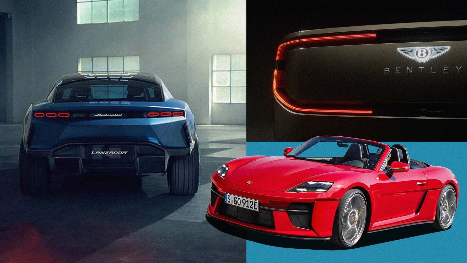 Collage af elektriske sportsbiler fra Lamborghini, Bentley og Porsche