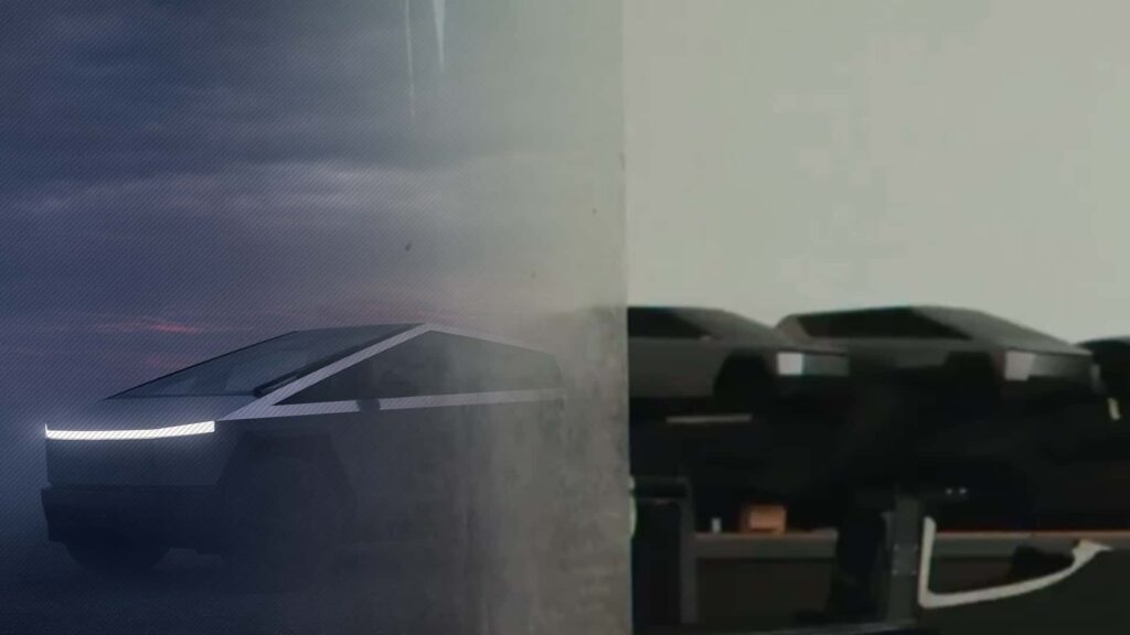 Tesla Cybertruck i tåget landskab med futuristisk design
