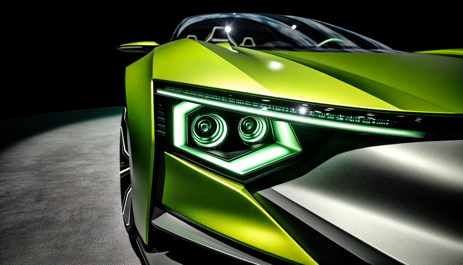 Nærbillede af en futuristisk elbils forlygte i moderne design