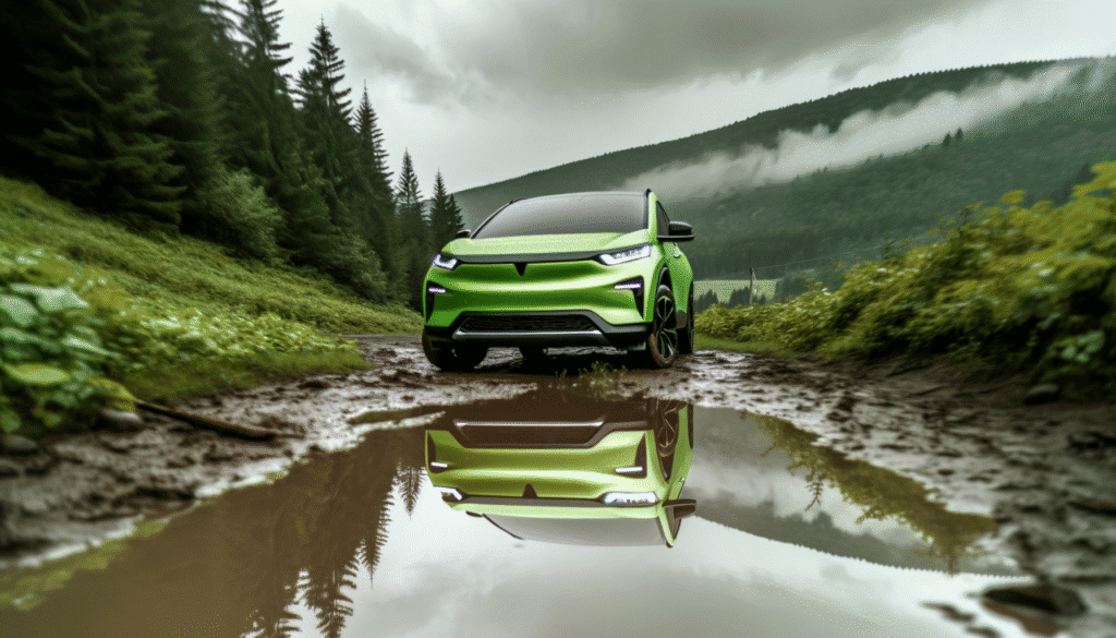 Lys grøn elbil kører gennem skovområde med vandspejl på vej