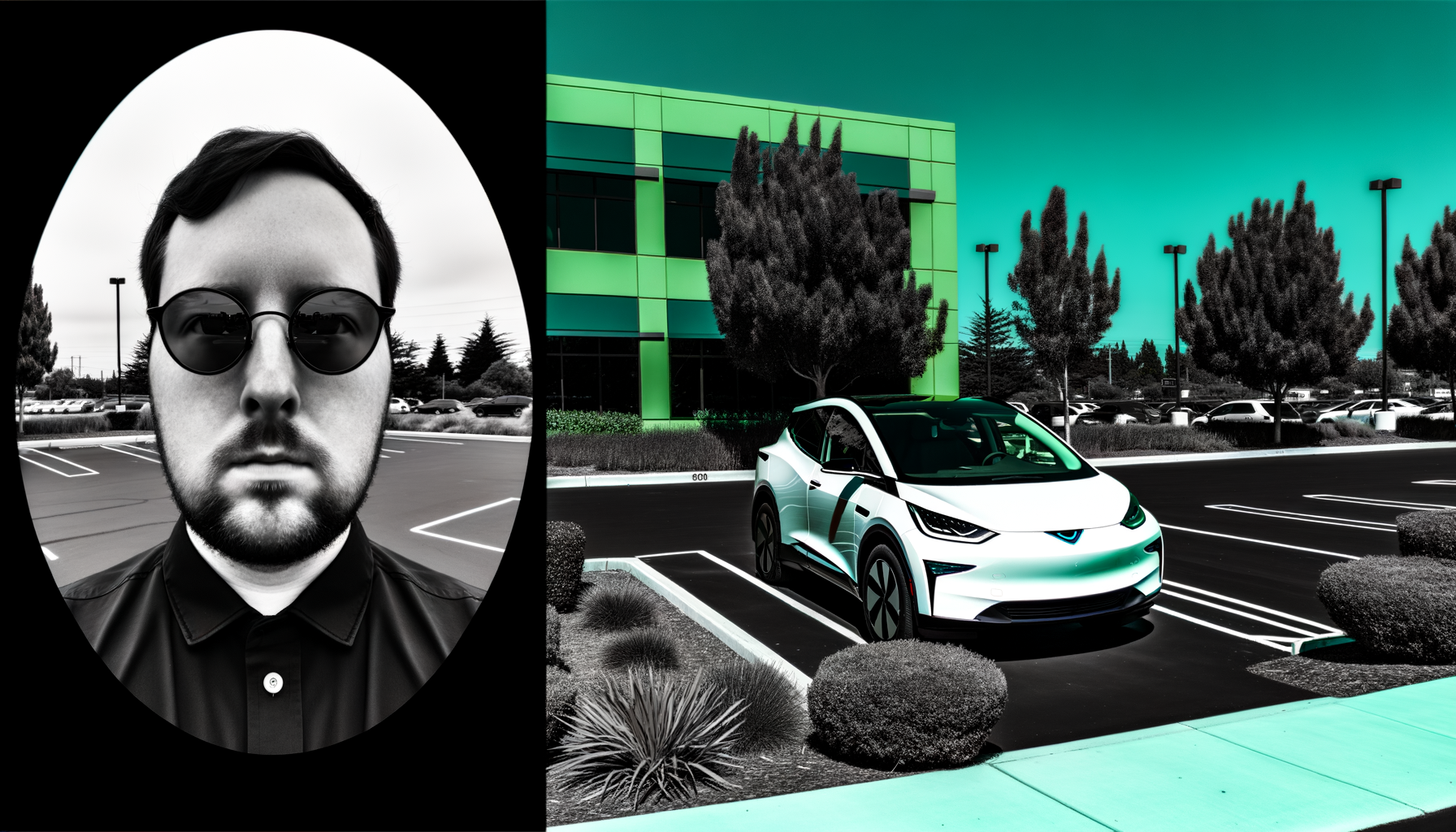 Mand med solbriller og skæg ved siden af en hvid Tesla i en moderne parkeringsplads.