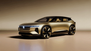 Futuristisk gylden elektrisk bil med moderne design og avanceret teknologi i et oplyst studie.