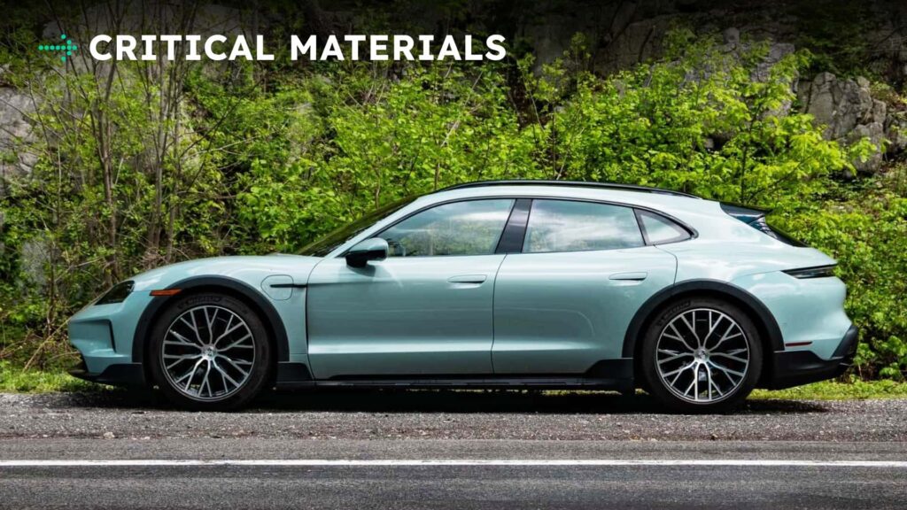 Elektrisk bil parkeret ved en grøn skov, med tekst 'Critical Materials'.