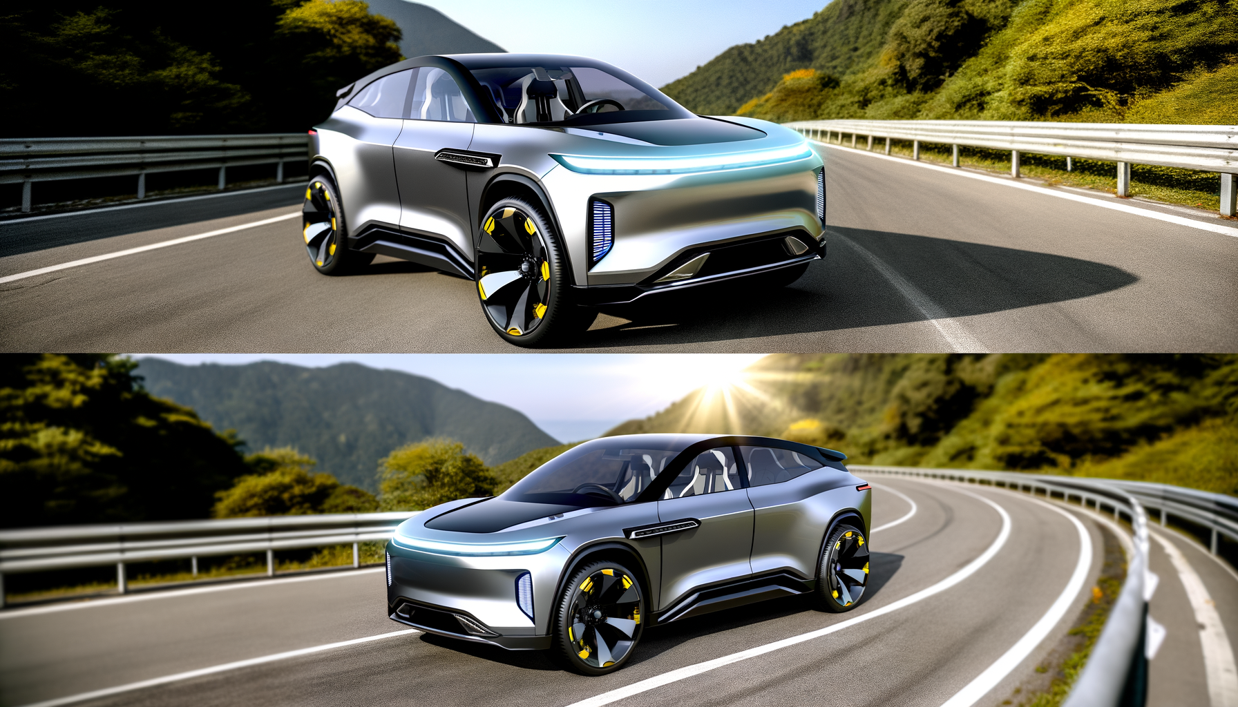 Futuristisk Tesla elbil kører på en naturskøn vej omgivet af bjerge.