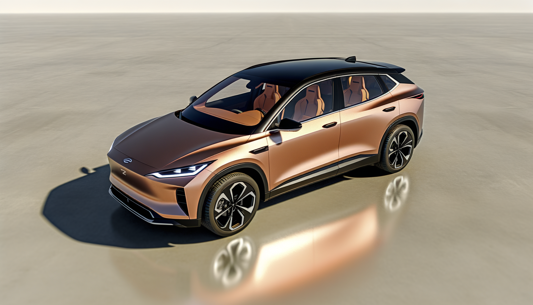 Luksuriøs elektrisk SUV i kobberfarve på fladt terræn