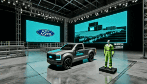 Futuristisk Ford pickup-truck i en belyst udstillingshal med skærme i baggrunden