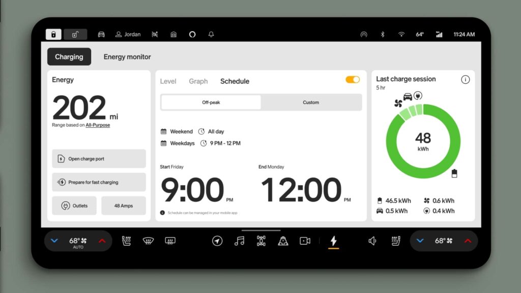 Tesla bilskærm viser opladningsplan og energiovervågning