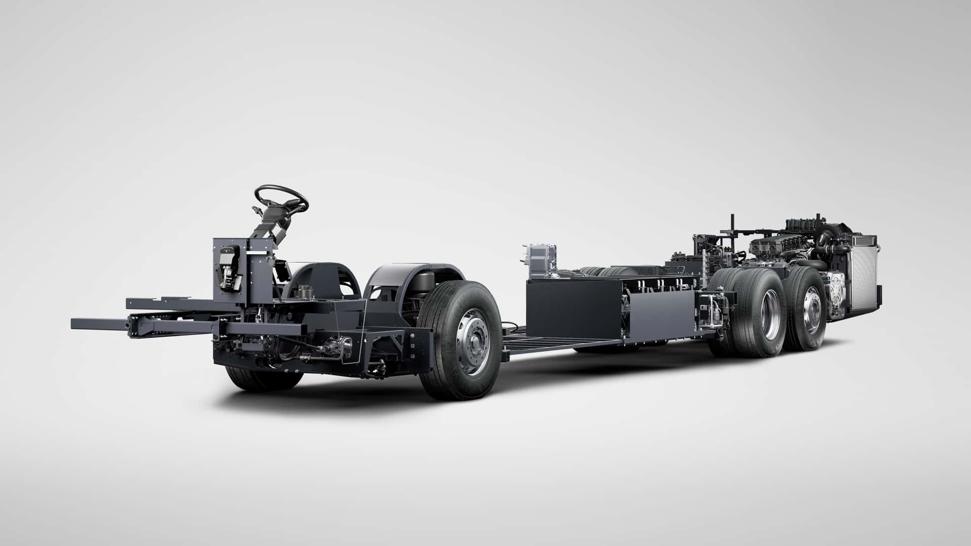 Elektrisk bilchassis med hjul og styring, klar til montering