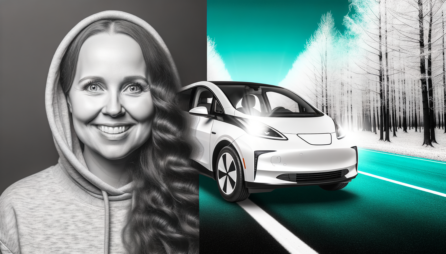 Kvinde smiler ved siden af en hvid Tesla elektrisk bil på en vej omkranset af snedækkede træer