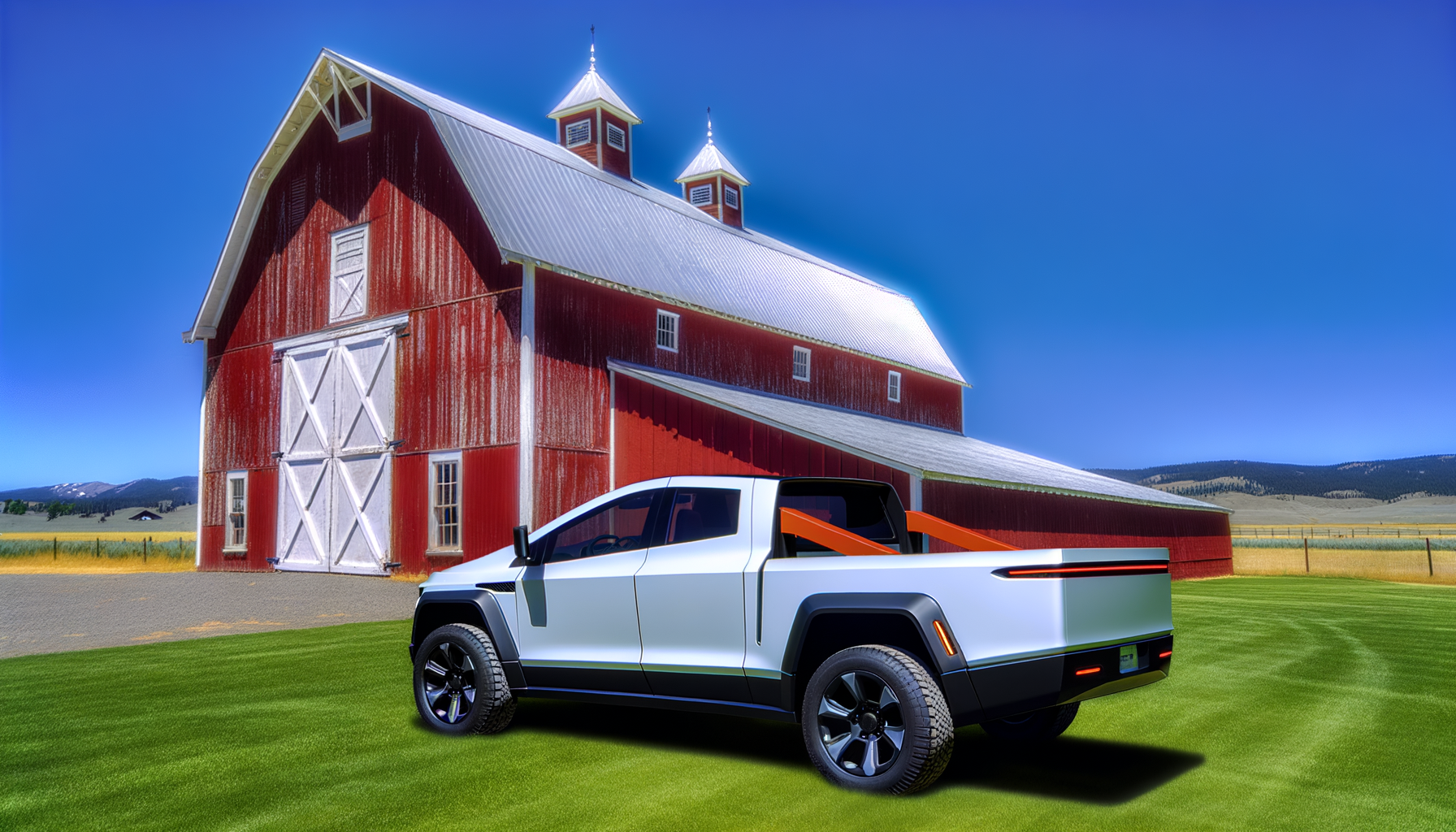 Tesla elektrisk pickup foran en rød lade på landet