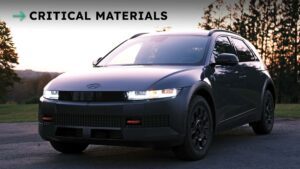 Elektrisk bil ved solopgang med teksten 'Critical Materials'